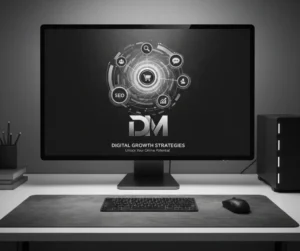 Computer monitor setup on a desk, displaying a digital marketing/SEO-themed graphic, with a keyboard, mouse, and desktop tower visible.